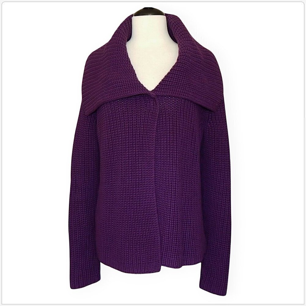 Talbots Dark Purple Chunky Thick Cotton Knit Snap Neck Cardigan Sweater M